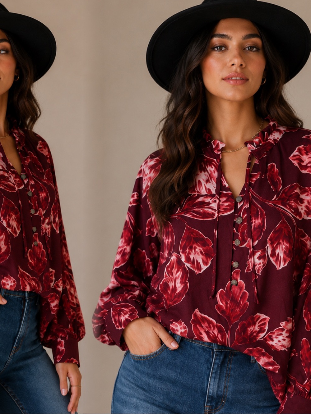 Christopher & Banks Maroon Floral Button-Front Blouse